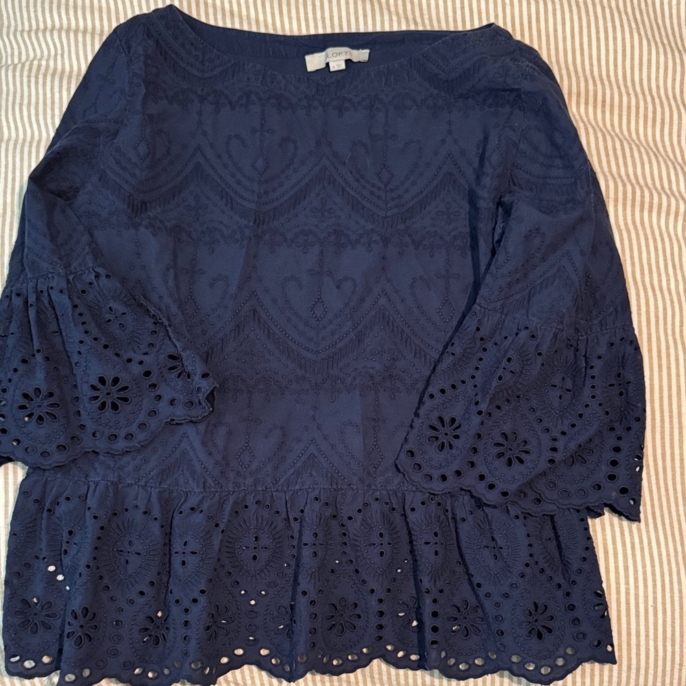LOFT Dark Blue Lace Blouse with Bell Sleeves